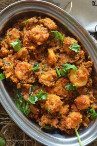 Prawn Chukka topped with Cilantro in a serving bowl.