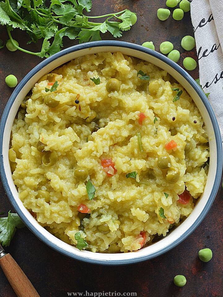Bowl of Green Peas Khichdi topped with Cilantro.