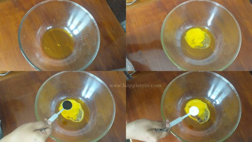 Step 1- In a mixing bowl break open eggs, Add Ghee , Vanilla essence and baking powder