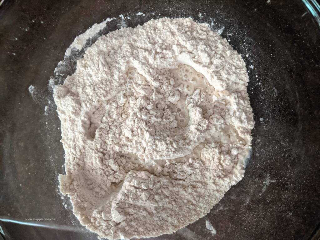 Combine everything. Next, add in lukewarm water little by little and knead everything to a soft dough.