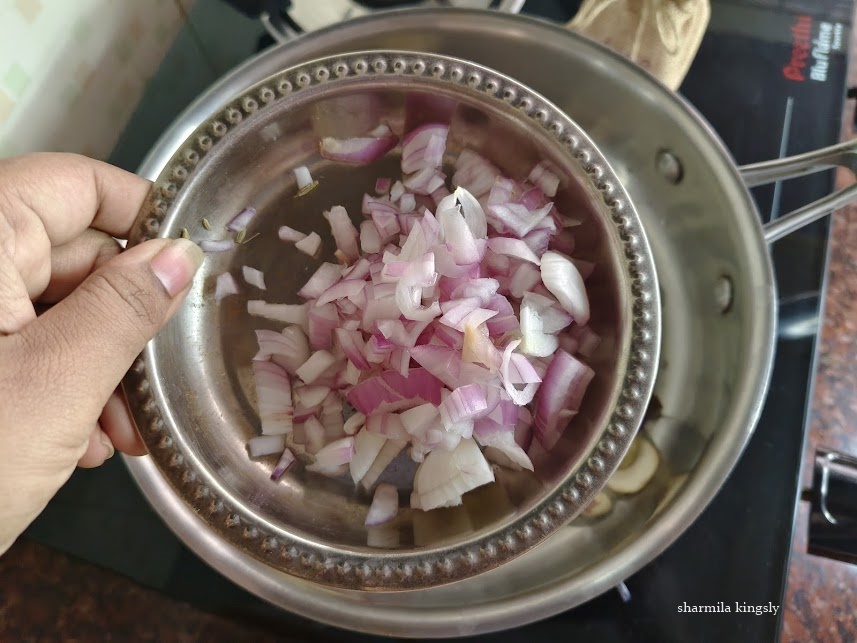 Add finely chopped onion and saute till they become glossy.