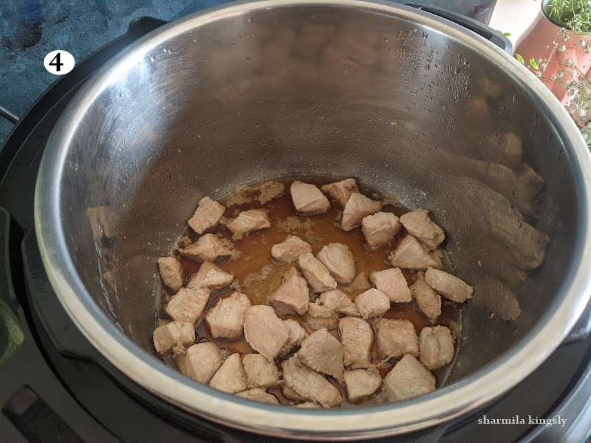  Combine well and close the Instant Pot. Press cancel and select pressure cook mode. Select 5 mins in high pressure. Once the timer goes off. Do a quick release and open the Instant Pot. The chicken is now cooked. Remove them from the Instant Pot.