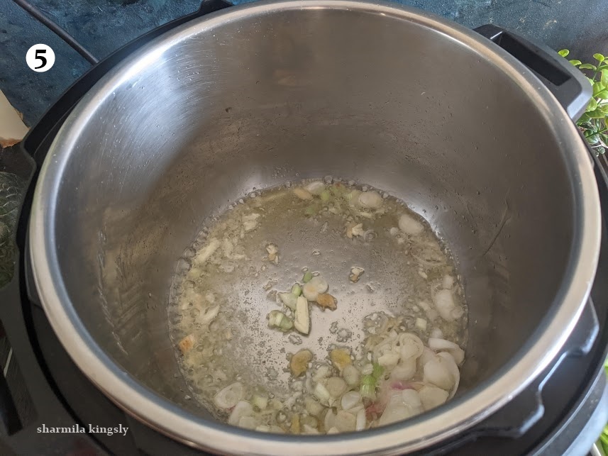 Put the Instant Pot back in saute mode. Add Oil let it heat up. Add ginger and garlic. Saute for 30 secs. Next add Onions and saute until they are soft.